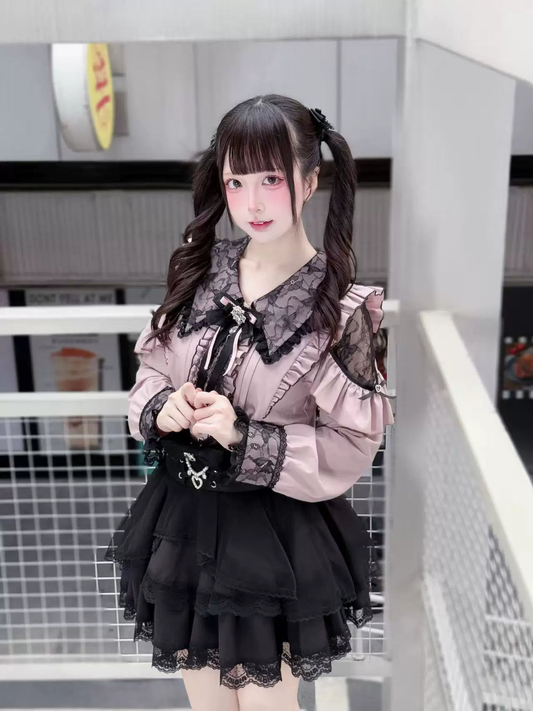 Jirai Kei Long Sleeve Blouse, Lace Overlay and Heart Buttons 44589:815205