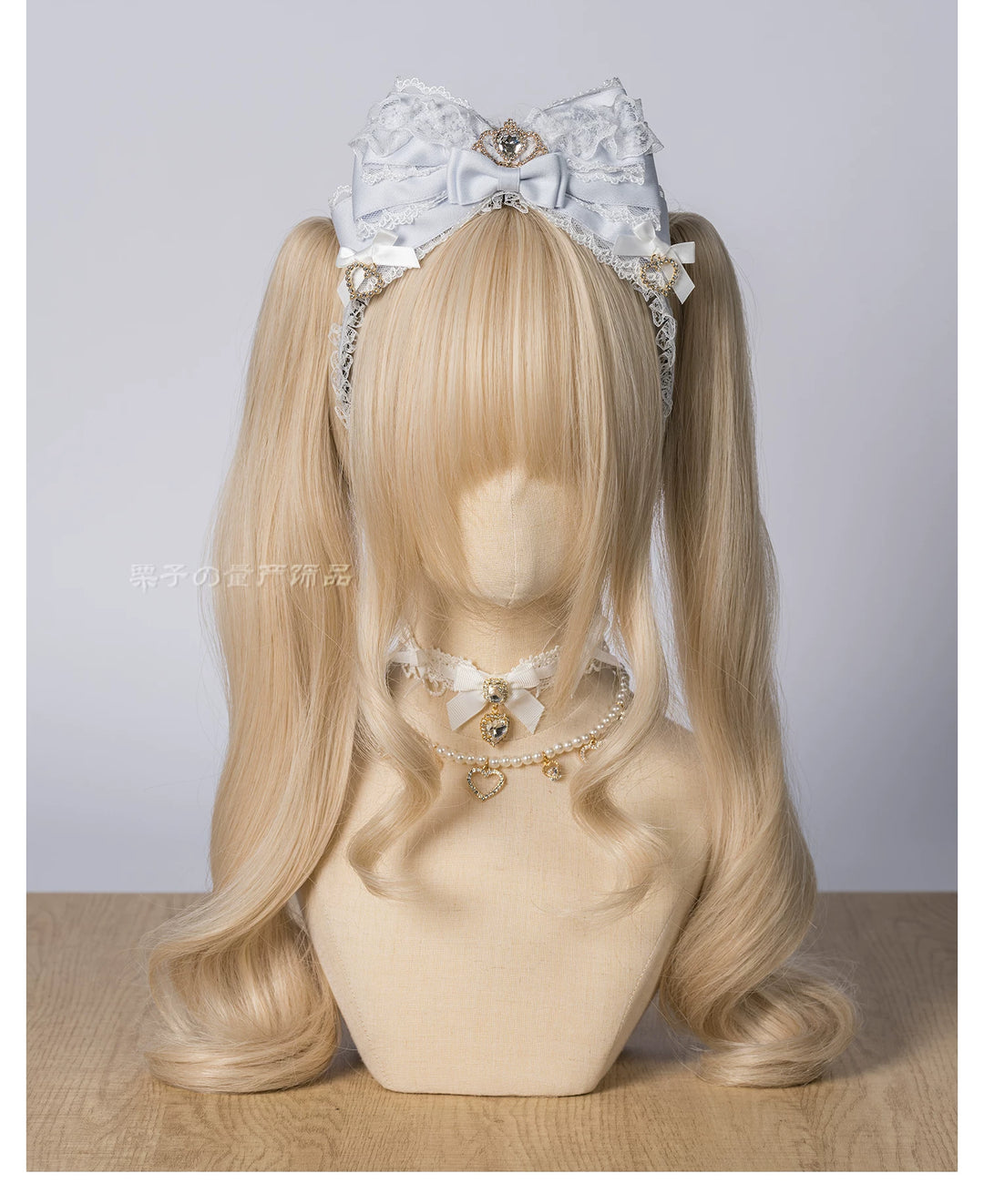 Jirai Kei Layered Bow Lace Headband, Crown & Heart Rhinestone 45960:870838