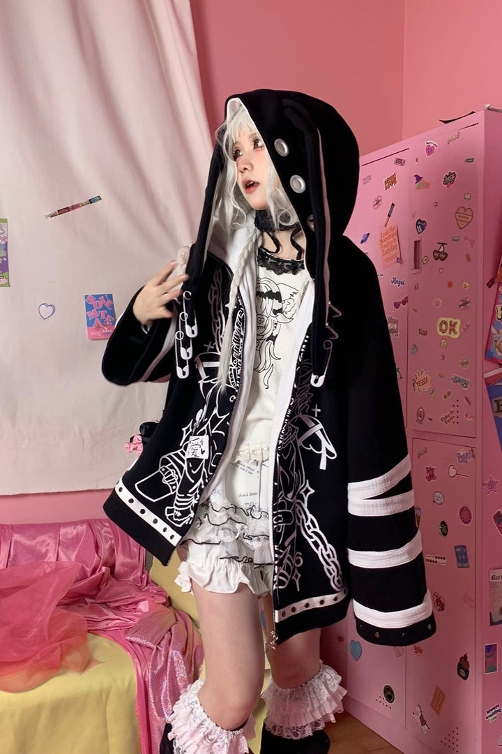 Y2K Winter Coat Rabbit Ear Hooded Anime Girl Printed Coat 33594:443974 33594:443974