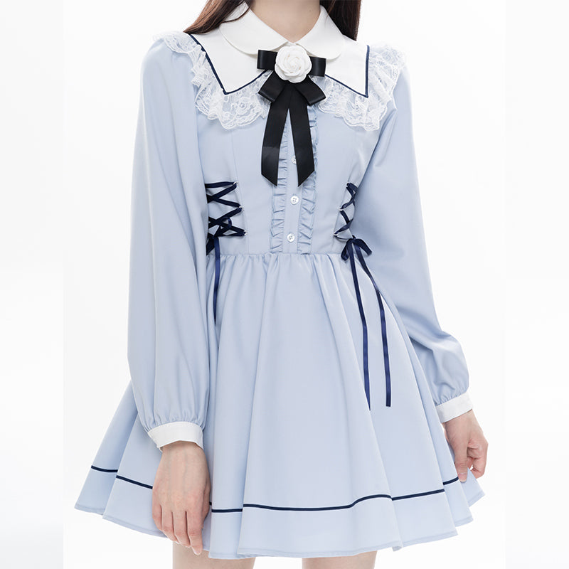 Kawaii French Style Light Blue Long Sleeve Ribbon Dress (L M XL) 21990:325098