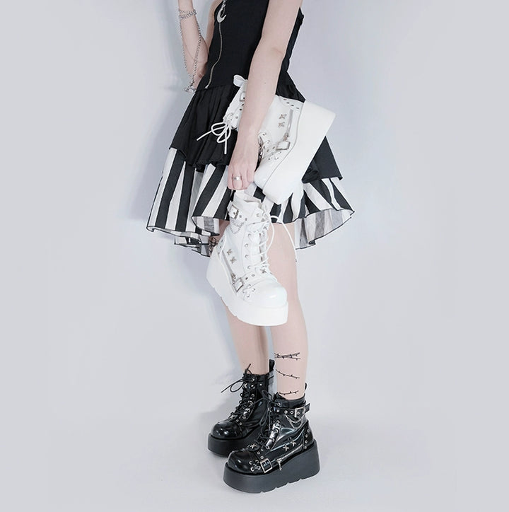 Punk Shoes Black White Platform Gyaru Fashion Combat Boots 29710:368870