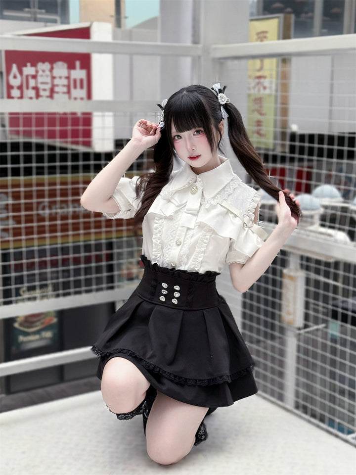 Black Jirai Kei Skirt High Waistband With Rhinestones 43246:770993