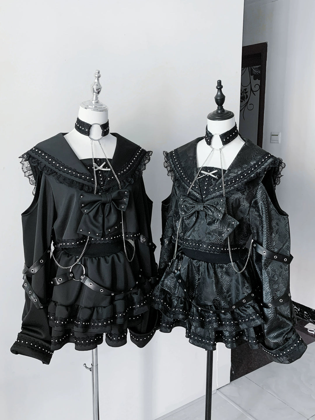 Subculture Black Top & Skirt Set, Snakeskin-Like Style 44771:827678