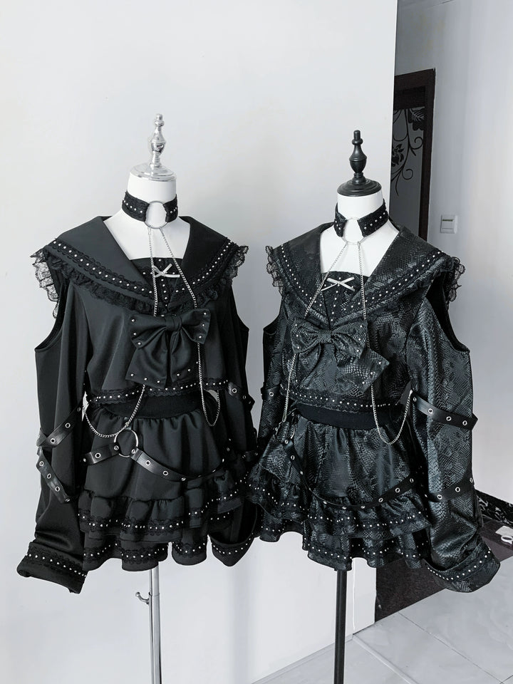 Subculture Black Top & Skirt Set, Snakeskin-Like Style 44771:827678
