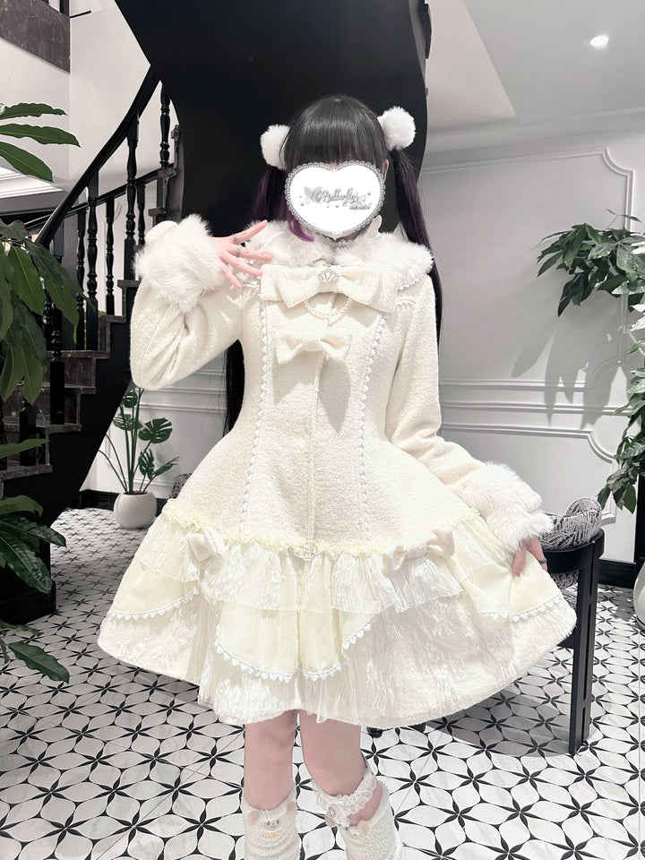 Ryousangata Winter Coat, Skirt-Like Lace hem (Beige / L M) 44198:799833