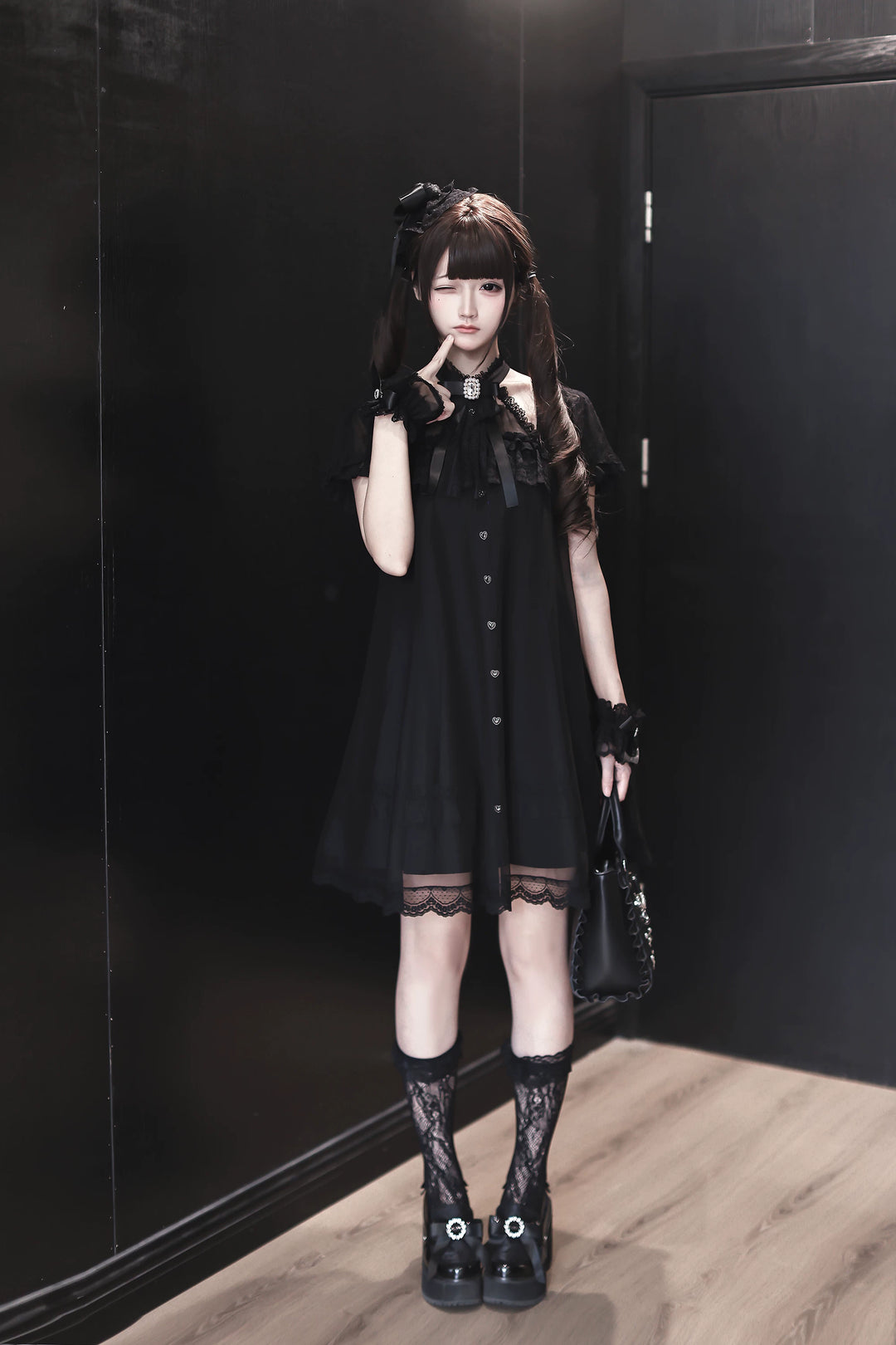 Jirai Kei Halter Neckline Dress, Tulle Overlay 45454:855437