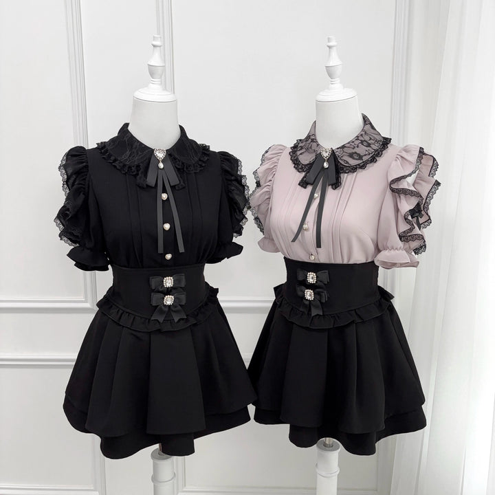 Ruffle Lace Ryousangata Blouse with Pearl Buttons And Ribbon 43103:765842