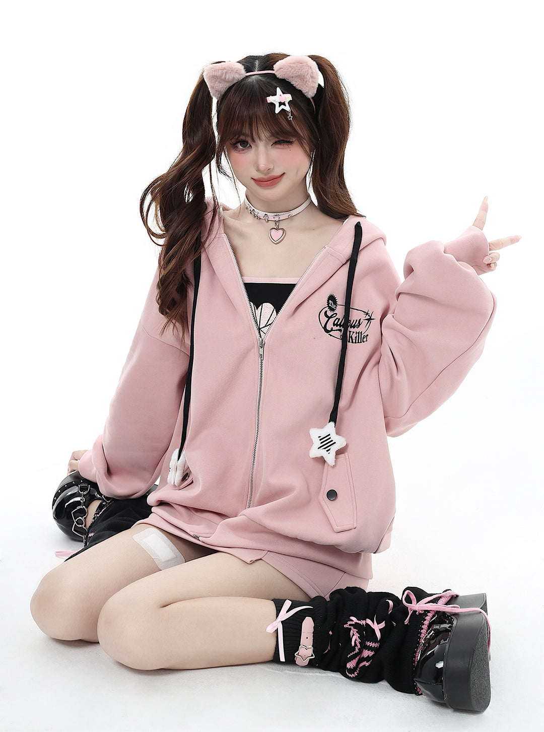 Jirai Kei Hoodie Zipper Jacket Casual Wear Skirt Set Pink Black (L M S) 32456:439336