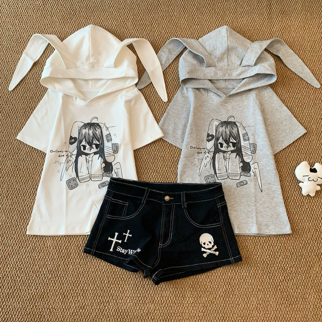 Kawaii Short Sleeve T-shirt, Bunny Ear Hooded Design 45642:856618