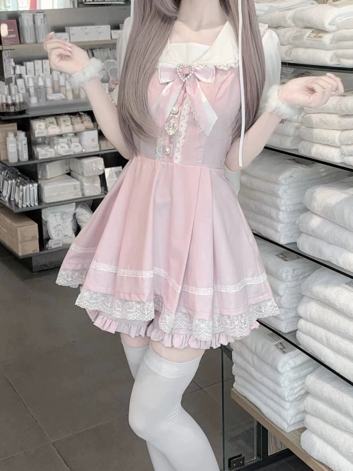 Jirai Kei Set Up Bunny Sailor Collar Dress Short Sleeve Set (L M S XL / Pink) 38778:602180