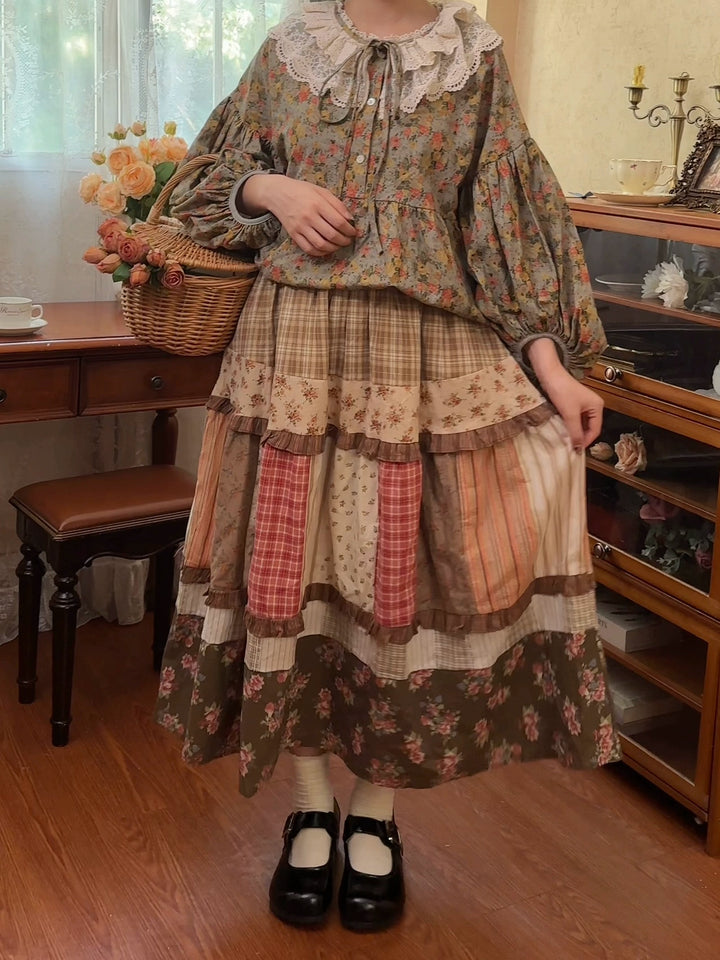 Mori Kei Skirt Retro Plaid Patchwork Floral Long Skirt 41800:714024