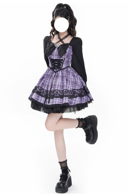 Jirai Kei Dress Puff Sleeves Purple Dress Heart Buckle Dress 36418:570206