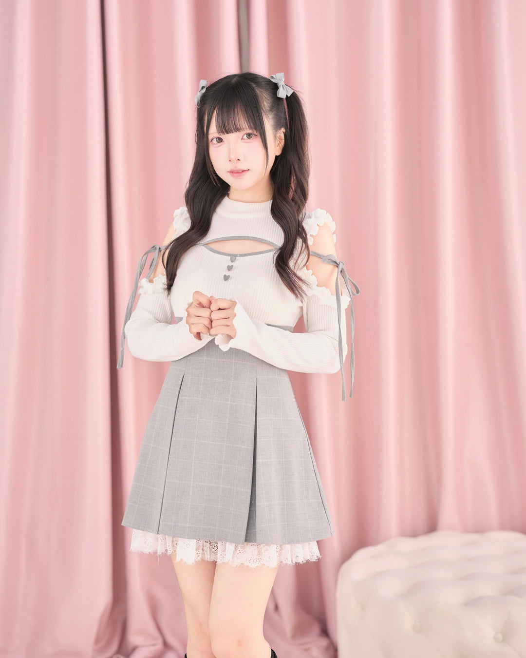 Jirai Kei Open Shoulder Plaid Dress, Chest Cutout 45957:869827