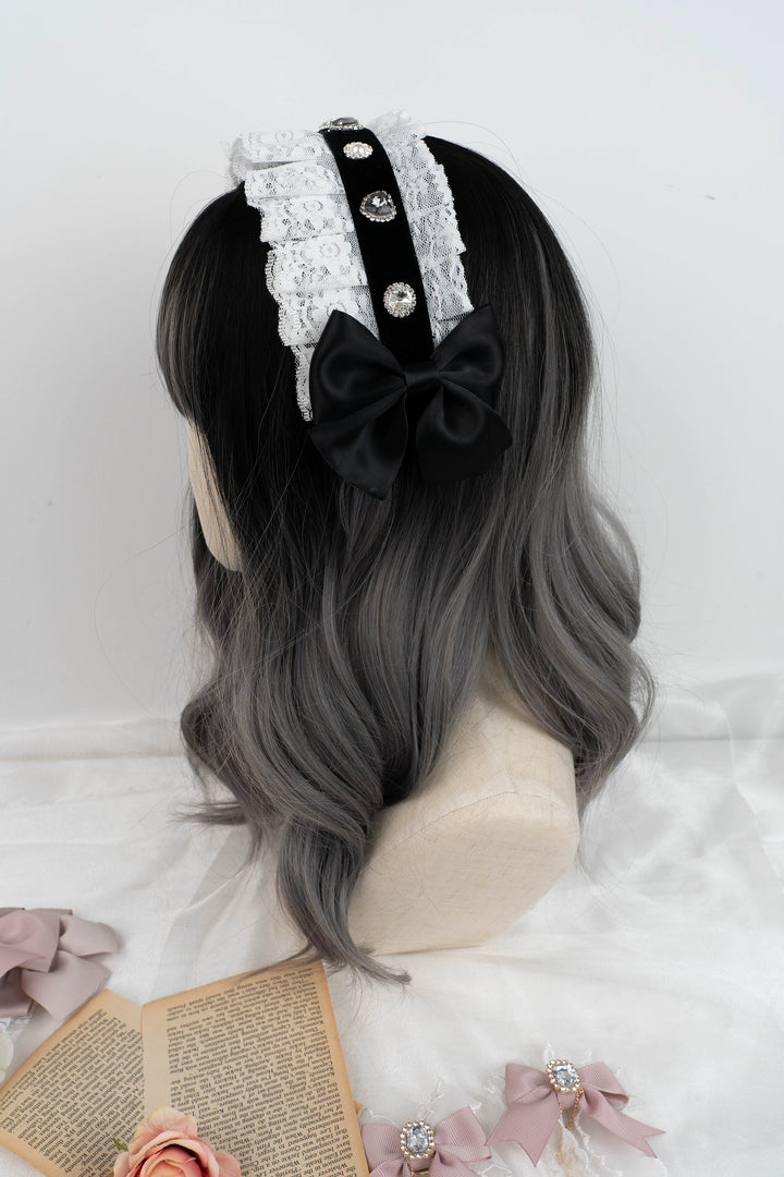 Jirai Kei Headband Lace Bow Headdress Rhinestones Hair Accessory 35650:507206 35650:507206