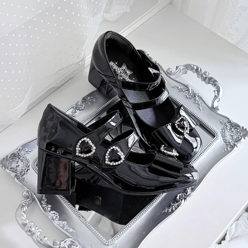 Jirai Kei Square Toe Chunky Heels, Heart rhinestone Details (35 36 37 38 39 40 41 42) 45840:867438