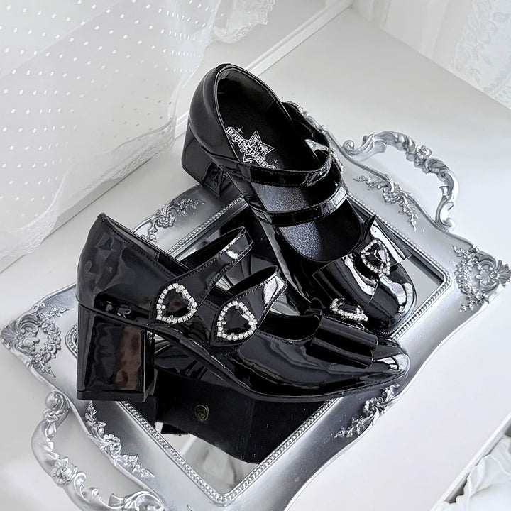 Jirai Kei Square Toe Chunky Heels, Heart rhinestone Details (35 36 37 38 39 40 41 42) 45840:867438