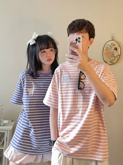 Kawaii Aesthetic Shirt Striped Short Sleeve Cotton Top 36562:518488