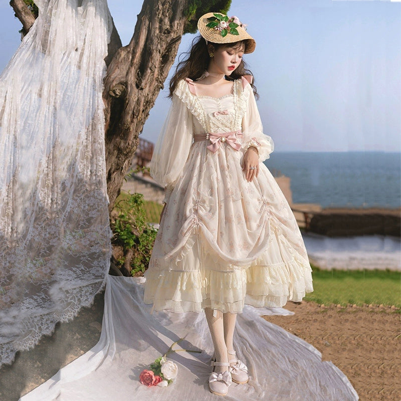 Elegant Lolita Dress Cottagecore Dress Long-Sleeved Beige Dress 36470:515872 36470:515872