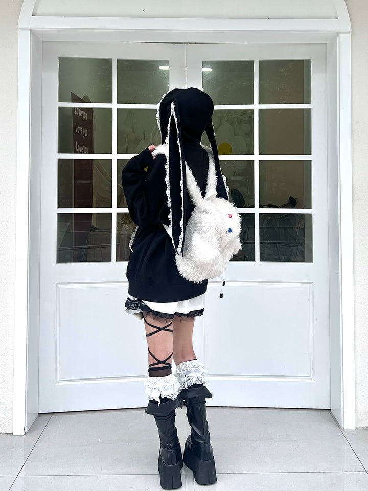 Jirai Kei Coat Bunny Ears Hoodie Lace Rivet Winter Coat 32412:415566