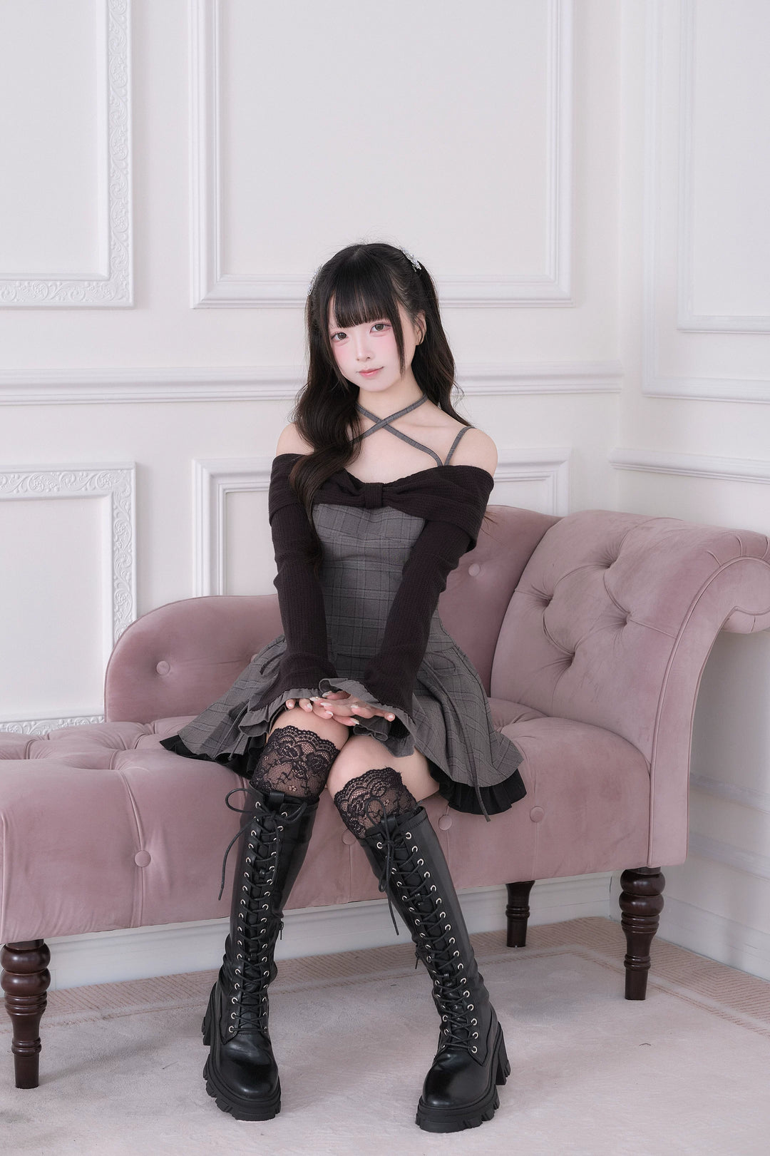 Jirai Kei Plaid Top and Skirt Set, Halter Neckline 44814:822641