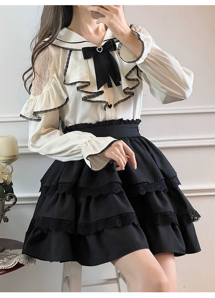 Jirai Kei Skirt Set Sailor Collar Blouse Flounce Hem Skirt 38158:644082