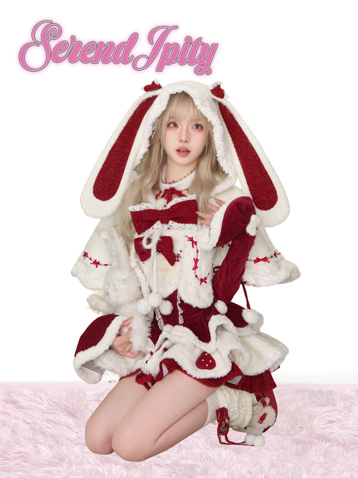 Kawaii Christmas Red Velvet Dress And White Bunny Ear Cape 41118:686500