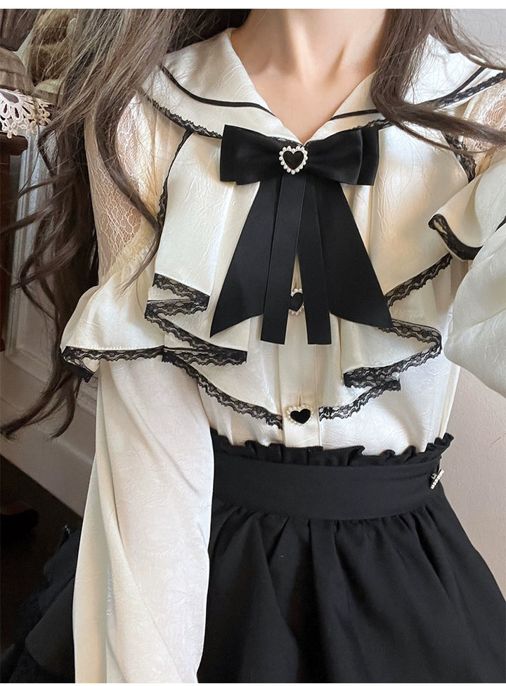 Jirai Kei Skirt Set Sailor Collar Blouse Flounce Hem Skirt 38158:644084