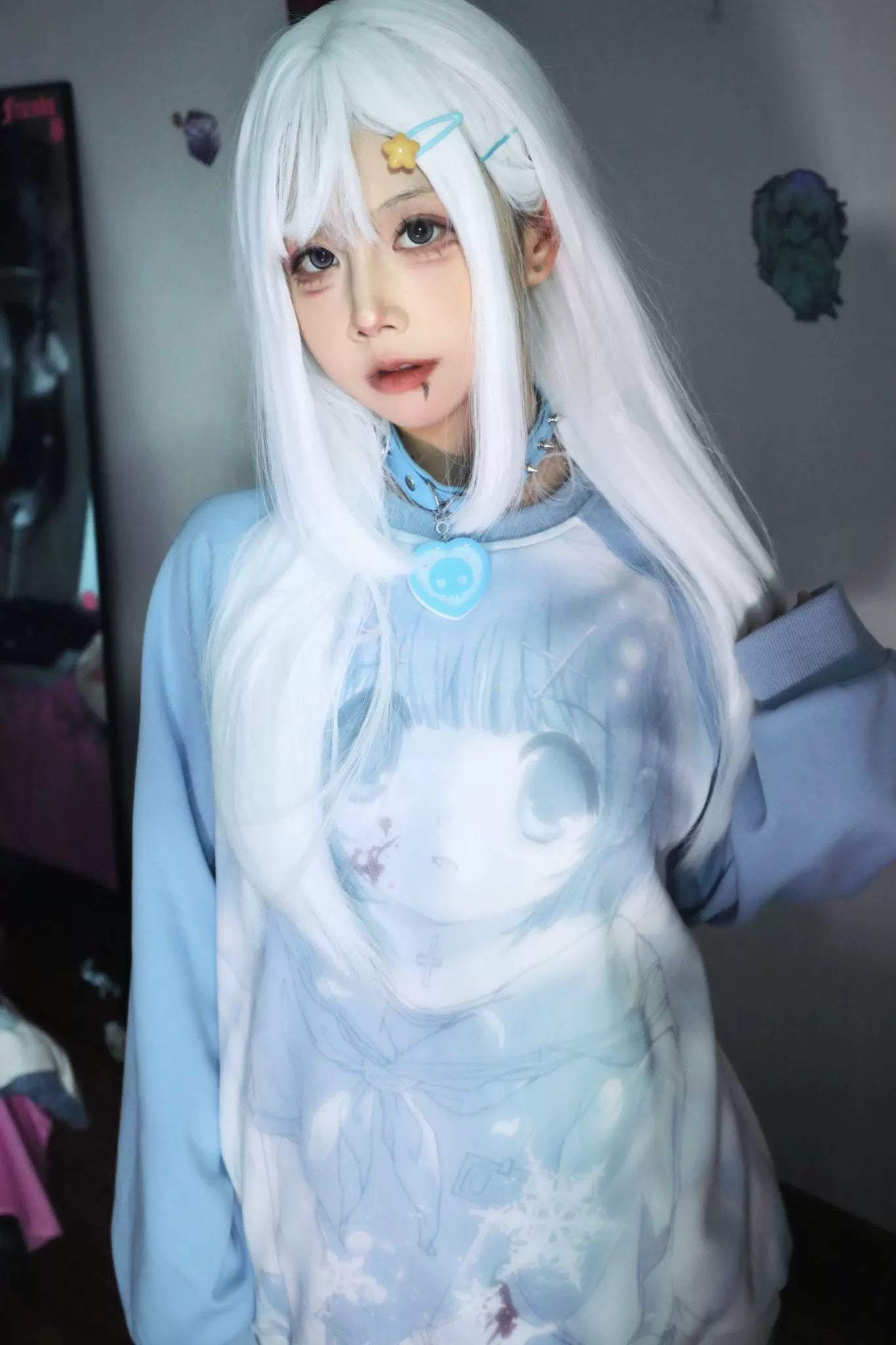 Jirai Kei Blue Sweatshirt Anime Girl Printed Sweatshirt 33326:431002