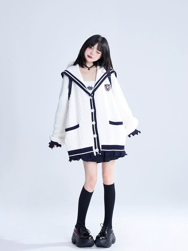 Preppy Cardigan Sailor Collar Sweater Embroidery Coat 40930:680528