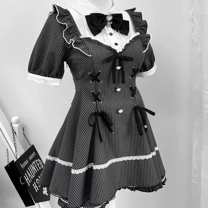 Jirai Kei Set Up, Striped Open-Shoulder Dress + Elastic Shorts (2XL 3XL 4XL L M S XL XS) 43545:778999