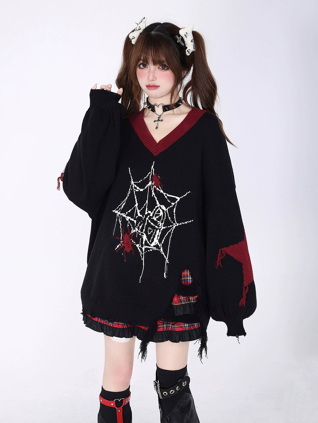 Plus Size Subculture Sweater Spider Web Sweater V-neck Sweater (M S / Black) 39688:633896