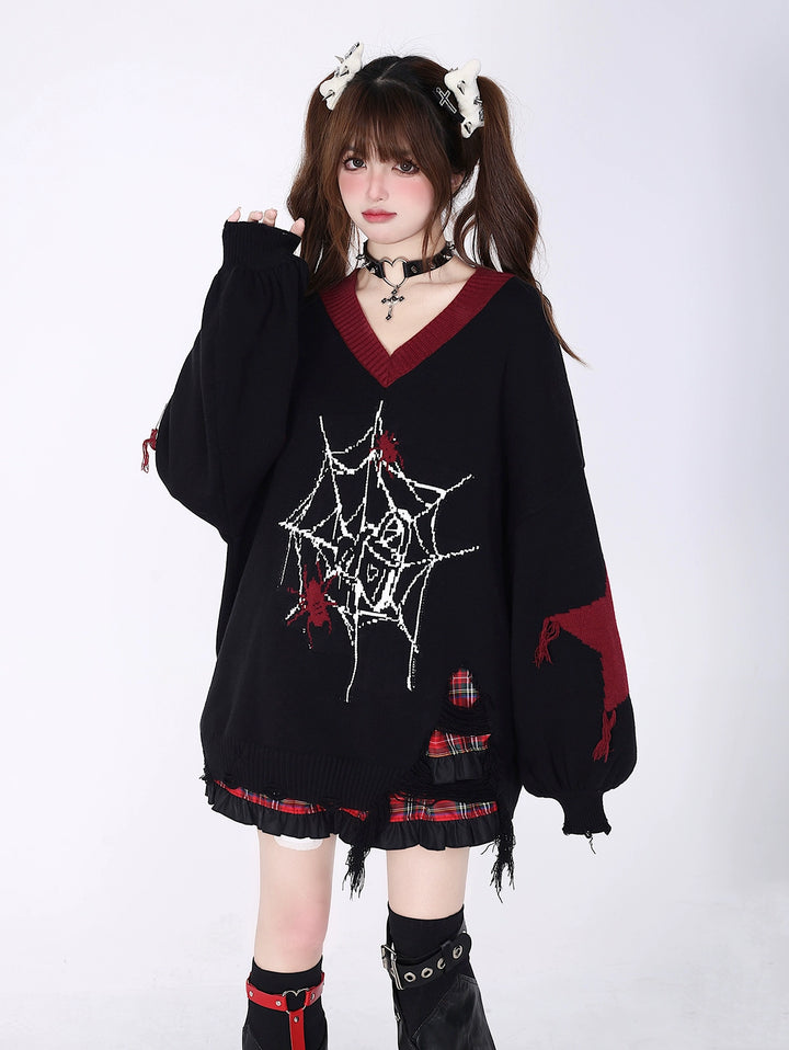 Plus Size Subculture Sweater Spider Web Sweater V-neck Sweater (M S / Black) 39688:633896