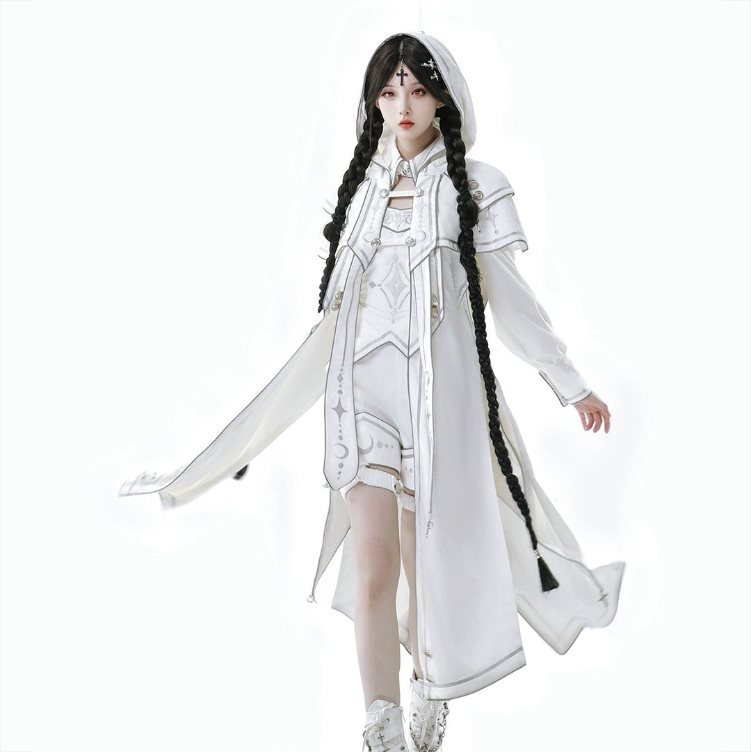 Cyberpunk Cloak Set White Hooded Cloak Top And Shorts 38820:602052