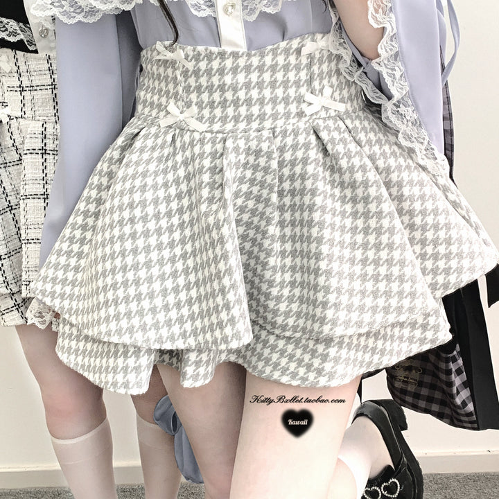 Jirai Kei Skirt Double Layer Black White Houndstooth Skirt 40020:649384