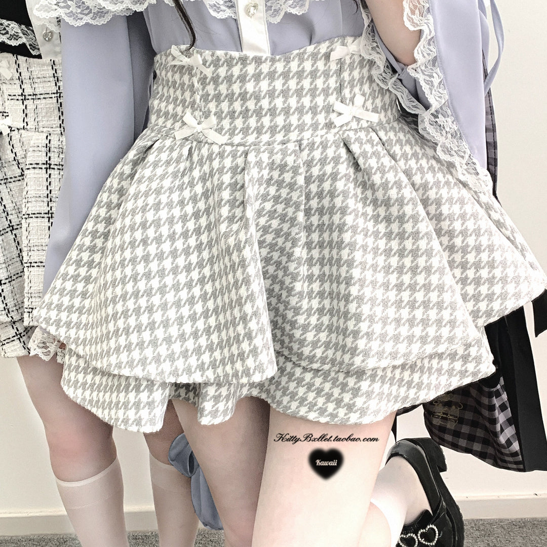 Jirai Kei Skirt Double Layer Black White Houndstooth Skirt 40020:649490