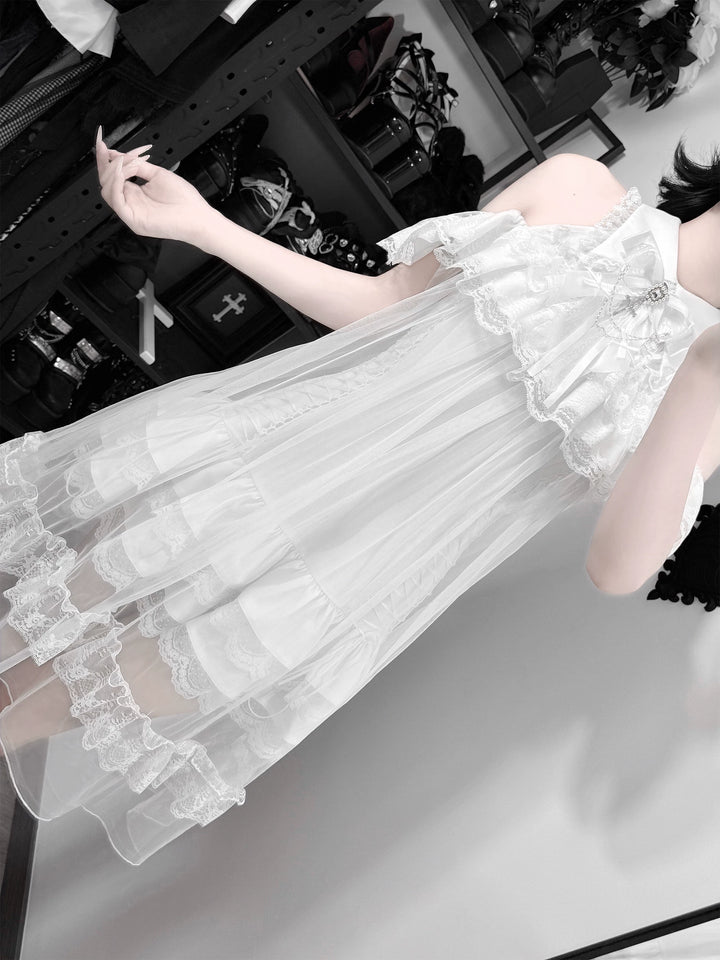 White Lace Open Shoulder Dress, Voile Outer Layered 45423:850601