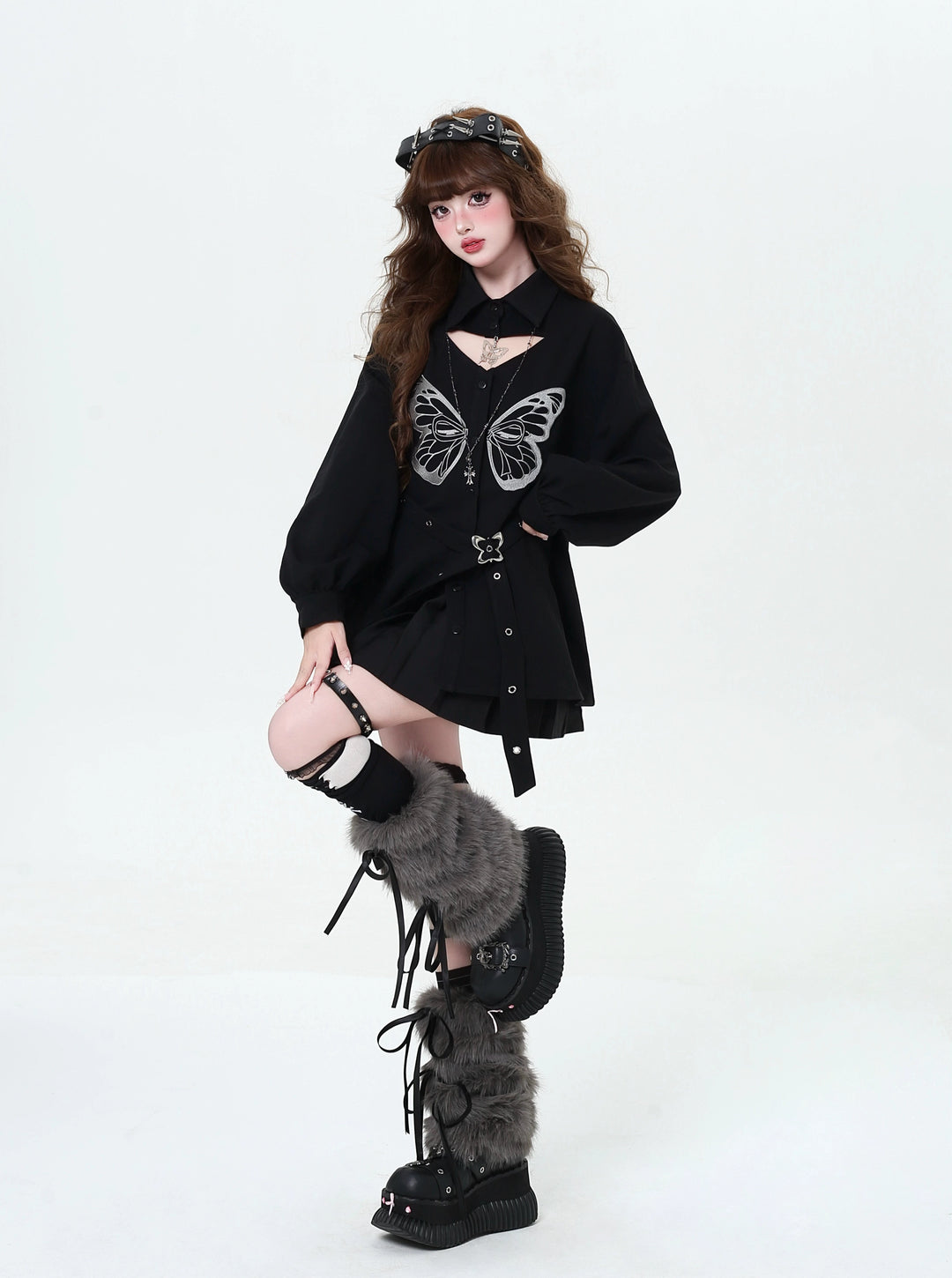 Gyaru blouse Subculture Embroidered Butterfly Shirt Long Sleeve Top 39690:633946