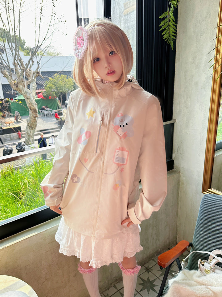 Kawaii Medical Coat Cat Print Coat Beige Hooded Top (L M) 38058:579272