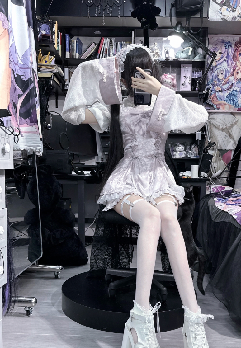 Jirai Kei Dress Set Chinese Style Lace Suit Short Sleeve Dress 35598:500490