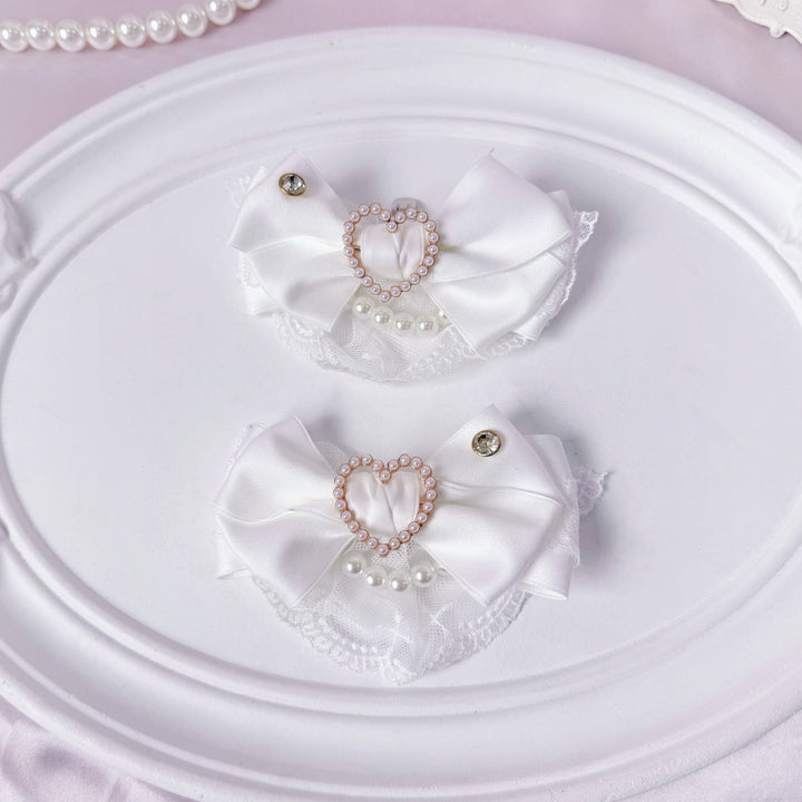 Jirai Kei Bowknot Shoe Clips, Heart-Shaped Faux Pearl 45356:845524
