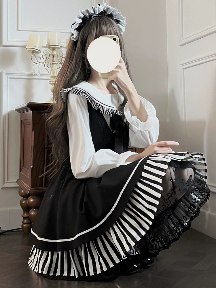 Jirai Kei Dress Set Sailor Collar Shirt And Black Vest Dress 41300:690656