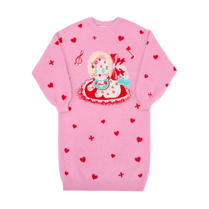 Kawaii Pink Sweater Dress Fluffy Dress With Heart Cat Patterns 31508:367790 31508:367790