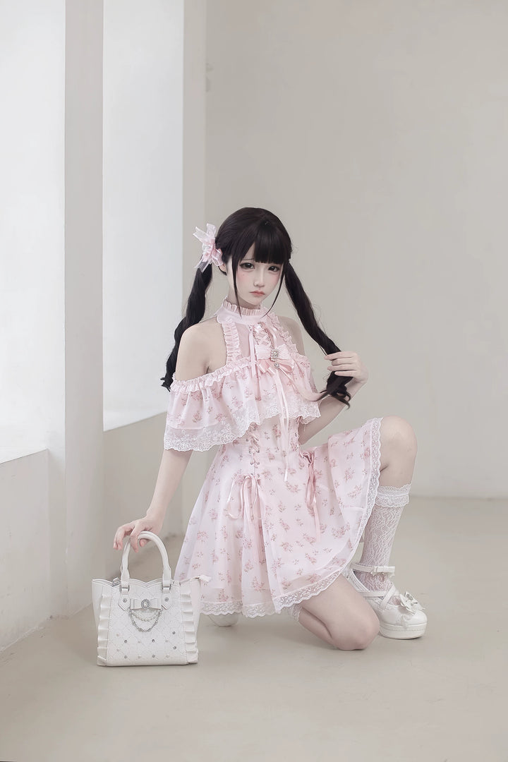 Pink Open Shoulder Ryousangata Dress, Floral Print 45289:846984