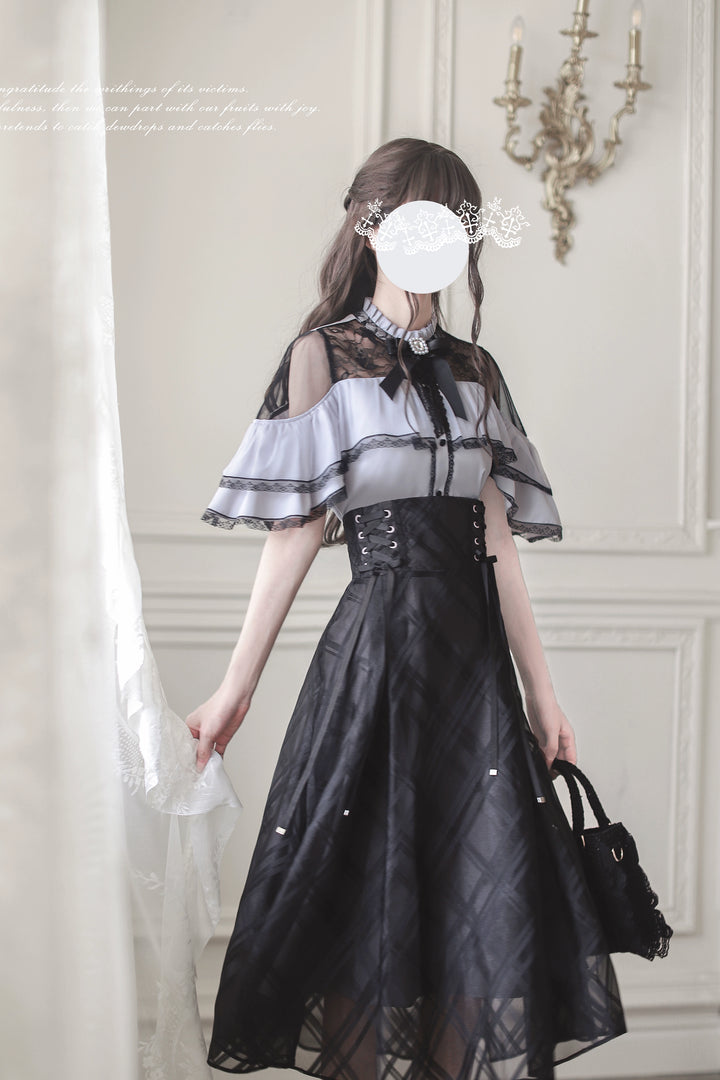 Black Long Jirai Kei Skirt With Elegant Purple Cape Blouse 43111:766081