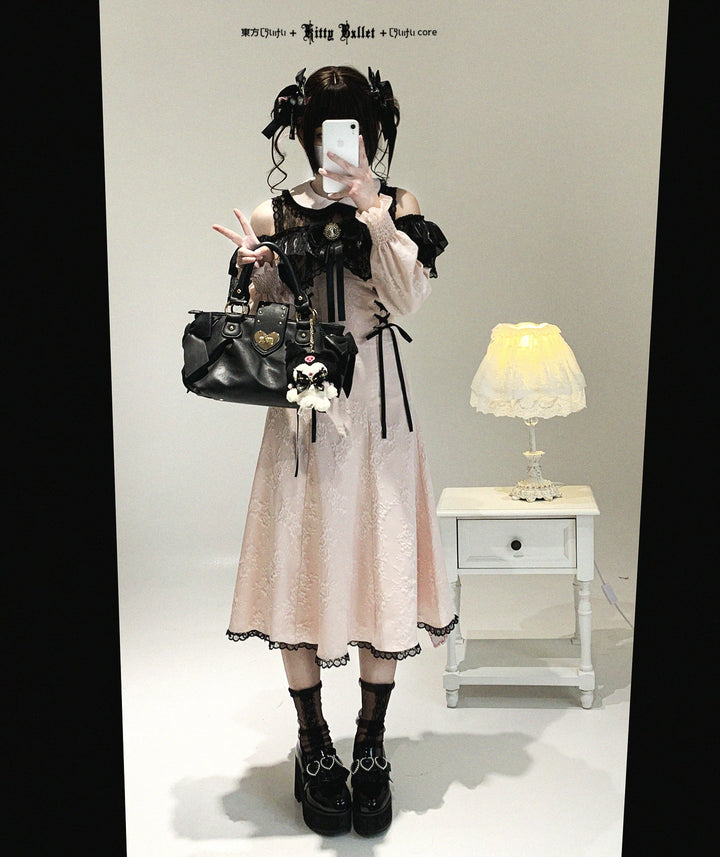 Elegant Long Open-Shoulder Dress, Subtle Floral Pattern 44473:809674