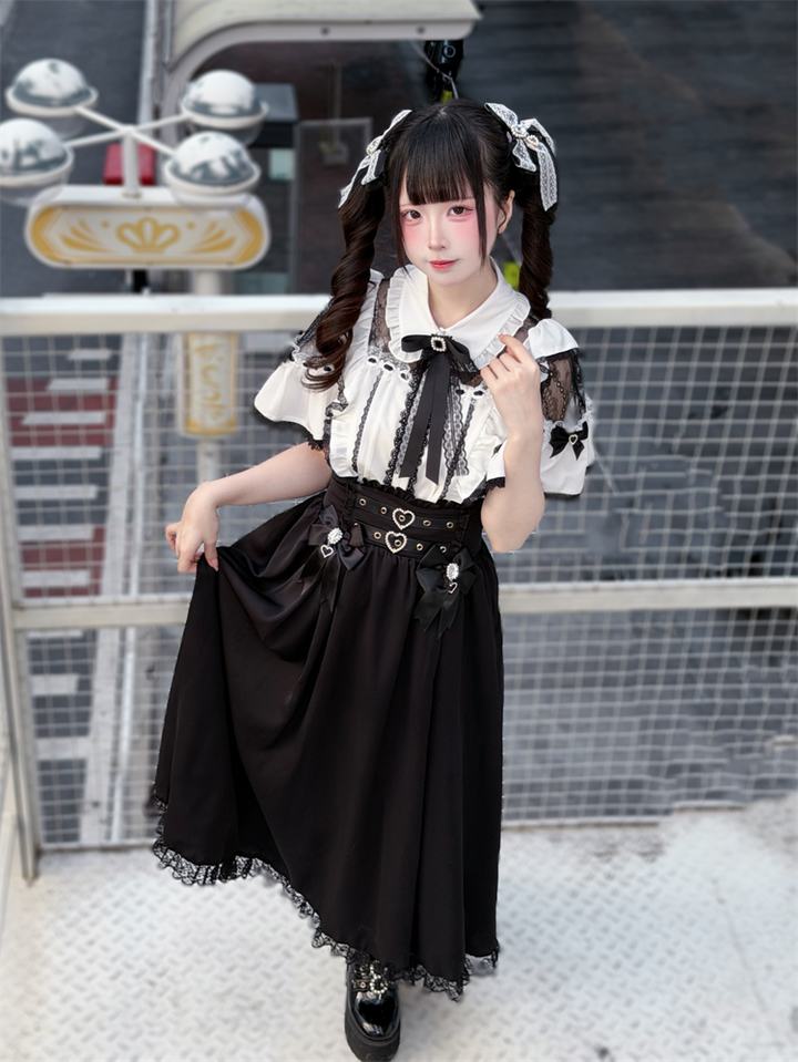 Summer Jirai Kei Lace Blouse, High Waist Skirt 45363:847694