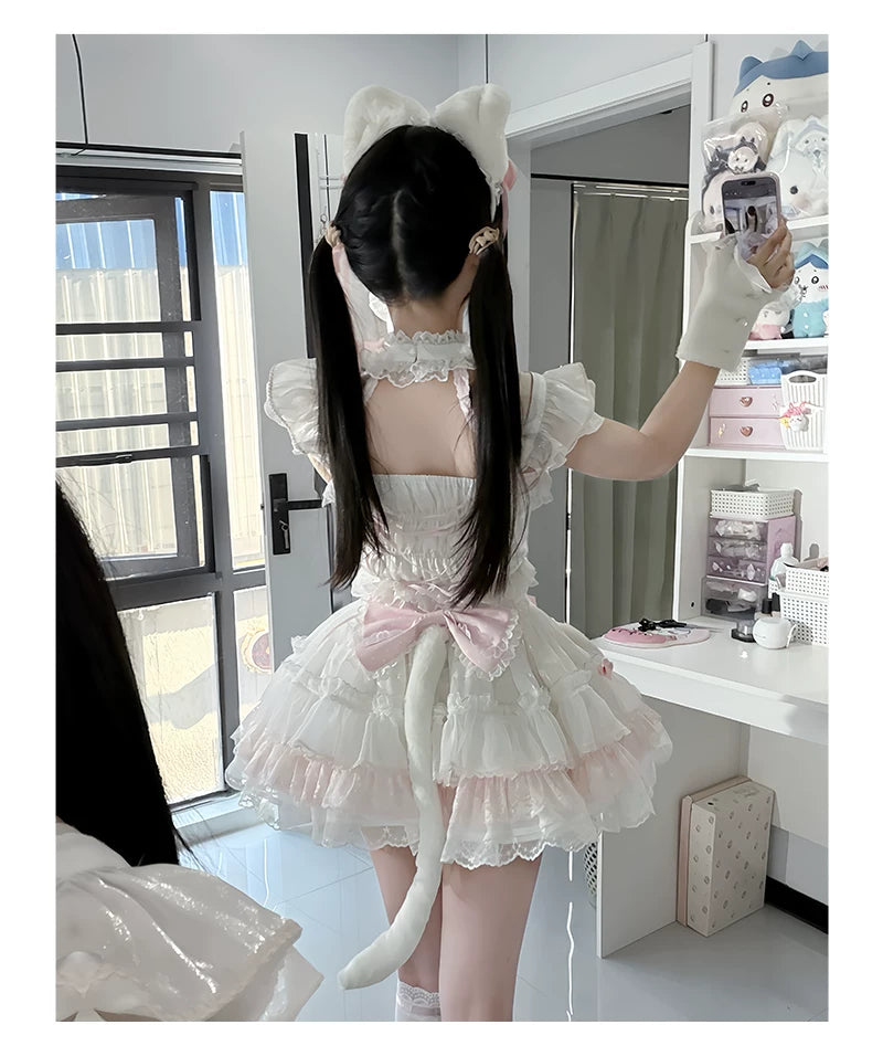 Kawaii Lolita Tiered Skirt Set, Cat Ears & Polka Dot Bow 44958:837122