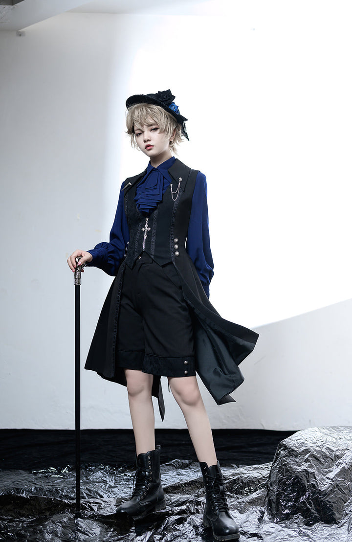 Ouji Lolita Shirt Black Blue Gray Blouse 35202:484283 35202:484283