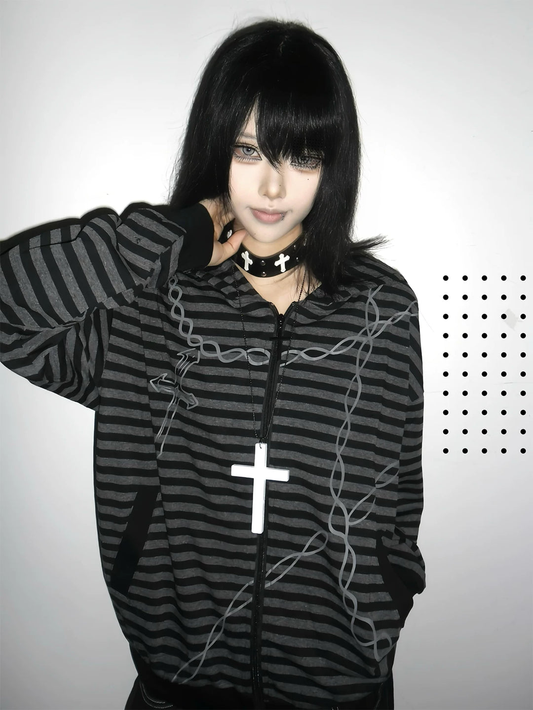 Gothic Striped Zip-Up Hoodie, Cotton for Summer 45270:844661