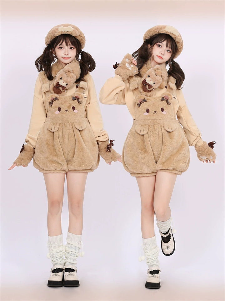 Kawaii Fashion Fluffy Bunny Bear Overalls Hoodie Bear Bag 22628:333470